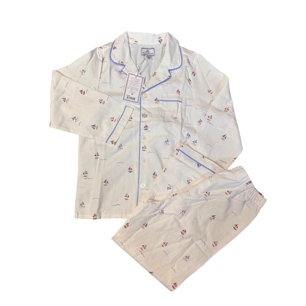 New Petite Plume Kids 7 Bateau Classic Pajama Set Sailboat Print White Blue
